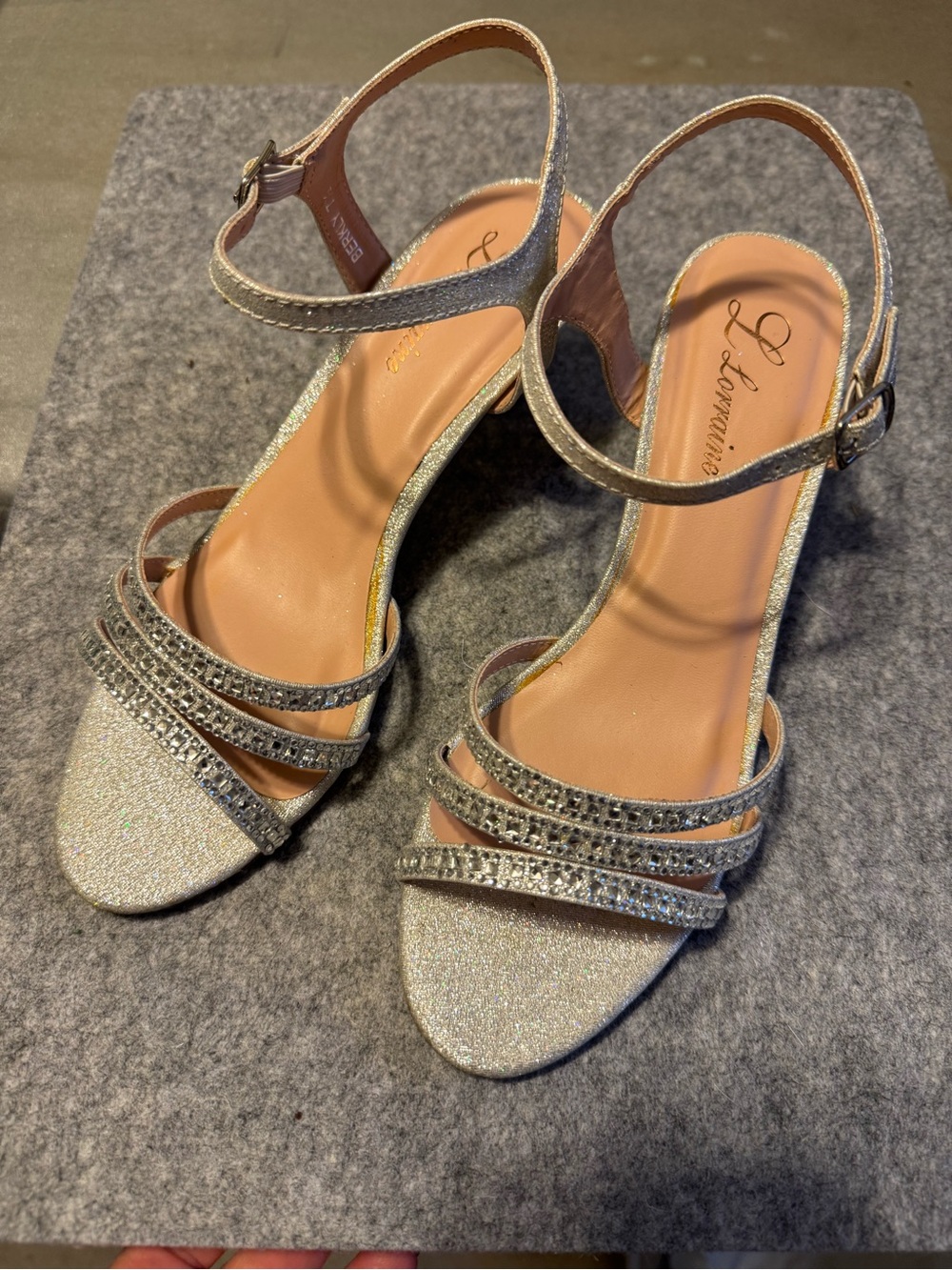 L'Amourine Silver Glitter Strappy Ankle-Heel Sandals with Rhinestone Accents
